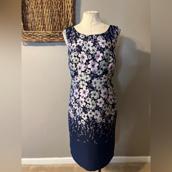 Talbots Floral Embroidered Sheath Dress Sz 6 Navy Blue Shimmer Evening - Picture 4 of 7